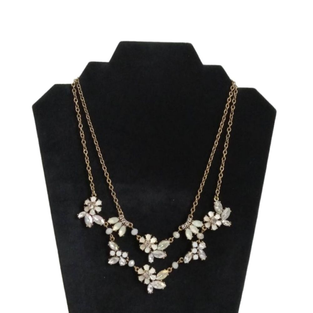 White & Gold Tone Iridescent Rhinestone Flowers Double Strand Statement Necklace